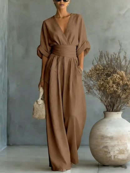 Sexy Deep V Neck Women's Jumpsuits Elegant High Waist Romper Casual Wide Leg Loose Pants Overalls Vacation Outfits MYQ-ZY7723