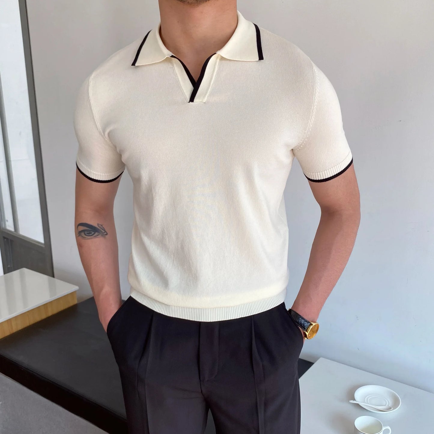 Camisa polo de manga curta de malha masculina, blusa casual de negócios, polo Slim Fit, primavera verão, camiseta listrada moda, camiseta com gola polo, malhas