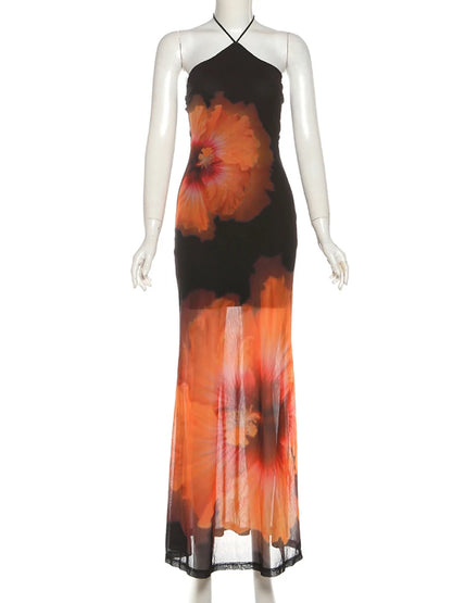 Vestido de praia feminino Weird Puss com estampa floral transparente, decote halter, costas nuas, bandagem, sem mangas, para festas e baladas, elástico e justo ao corpo.