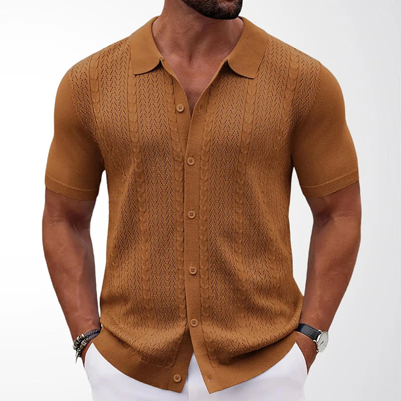 Camisa Polo Masculina Premium de Malha com Botões, Cor Sólida, Manga Curta, Cardigã Vazado, Respirável, Casual, Moda Verão