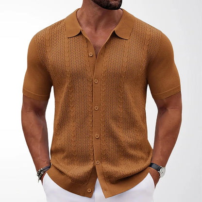 Camisa Polo Masculina Premium de Malha com Botões, Cor Sólida, Manga Curta, Cardigã Vazado, Respirável, Casual, Moda Verão