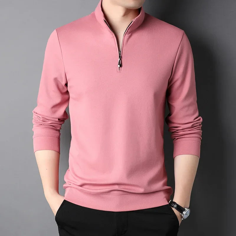 primavera e outono pulôver masculino gola zíper sólido manga longa camiseta alta pescoço polo inferior moda casual topos