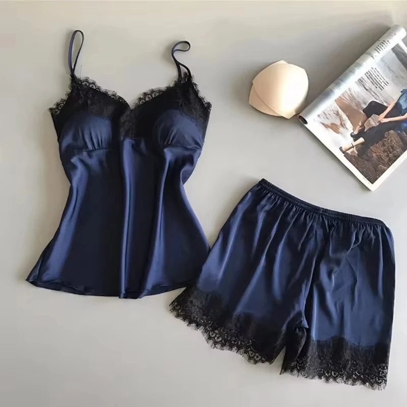 Mulheres pijama terno moda com decote em v estiramento cetim babydoll renda lingerie sexy bowknot pijamas sono shorts conjunto pijamas novo