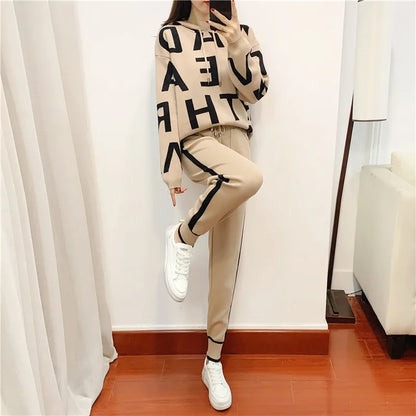 Feminino casual impresso terno de manga comprida gola alta cintura cinched moletom elástico calças senhoras conjunto de duas peças lx1228