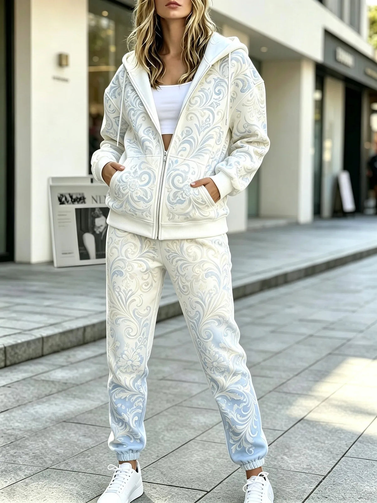 Conjunto Feminino de Moletom com Capuz e Calça com Zíper, Estampa 3D, Estilo Casual, Nova Coleção Primavera/Verão