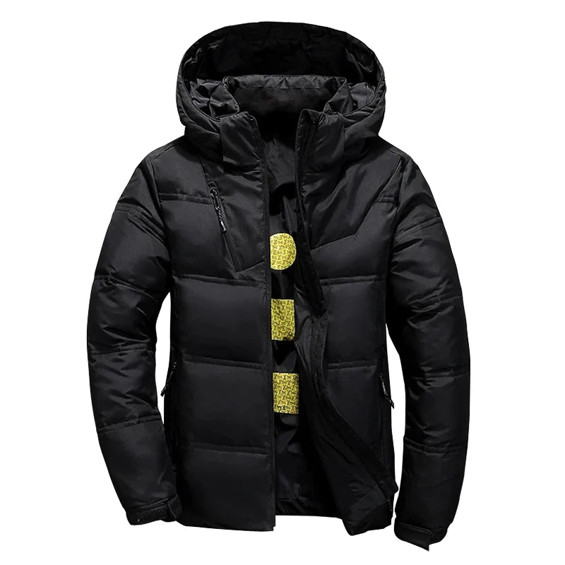 Jaqueta Masculina de Inverno com Plumas de Pato Brancas, Casaco Corta-Vento com Capuz Removível, Parka Casual de Cor Sólida para Atividades ao Ar Livre