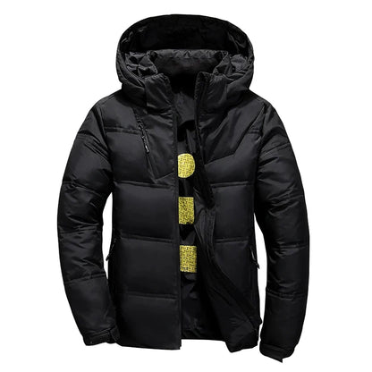 Jaqueta Masculina de Inverno com Plumas de Pato Brancas, Casaco Corta-Vento com Capuz Removível, Parka Casual de Cor Sólida para Atividades ao Ar Livre