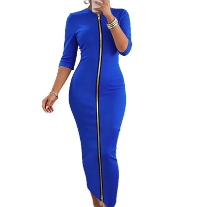 Vestido Lápis Preto Sólido com Manga Curta, Cintura Marcada, Comprimento Midi, Zíper Frontal, Gola Redonda, Ajuste Perfeito e Elegante