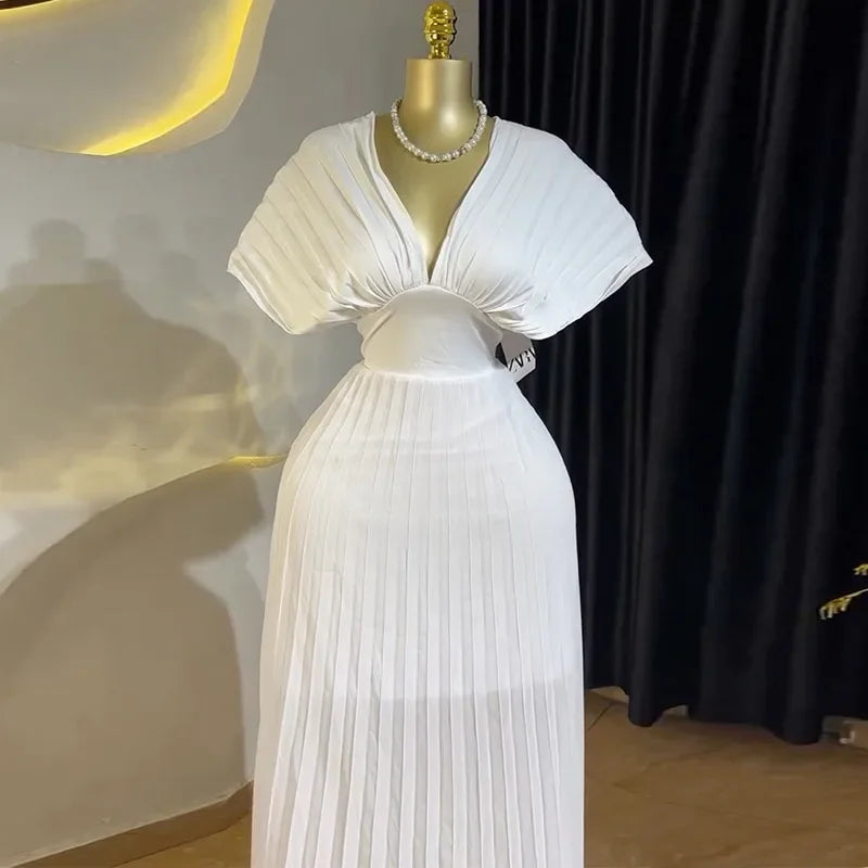 Mulheres manga curta com decote em v elegante longo vestido plissado 2025 doce férias praia noite sexy menina vestidos de festa