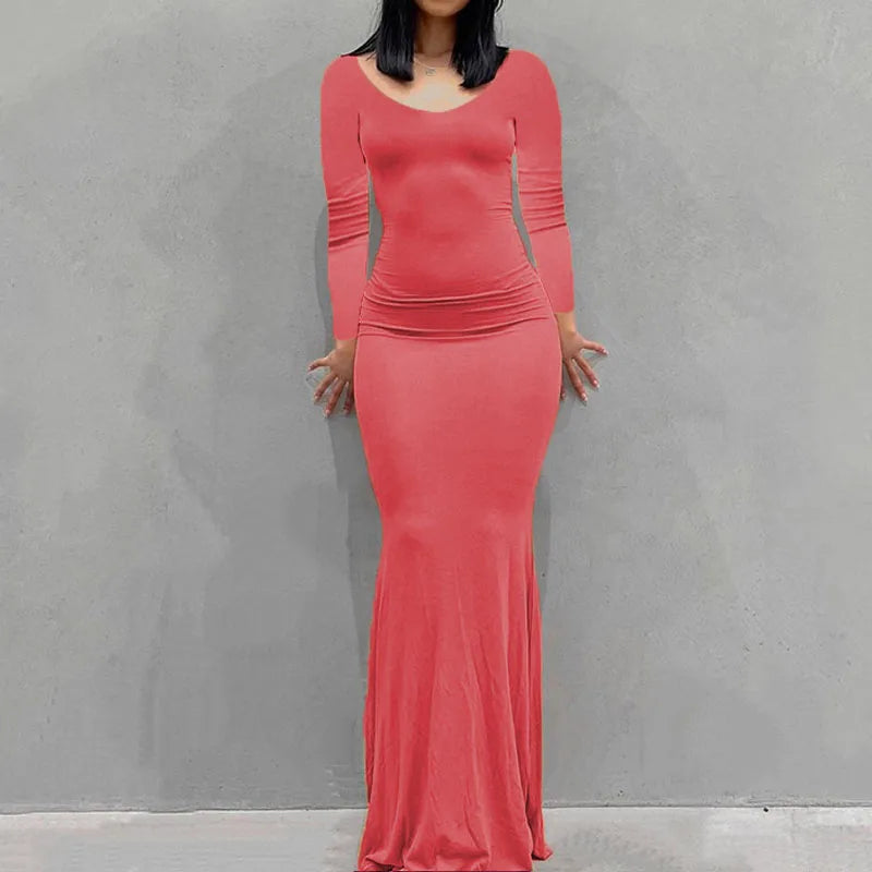Novo vestido feminino longo, casual, justo, de manga comprida, para usar em casa