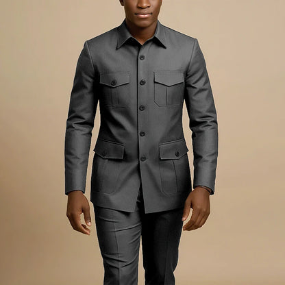 Terno Masculino Marrom de Quatro Bolsos com Lapela Pontiaguda, Casual de Negócios, Formal, Slim Fit, Conjunto de 2 Peças (Jaqueta e Calça)
