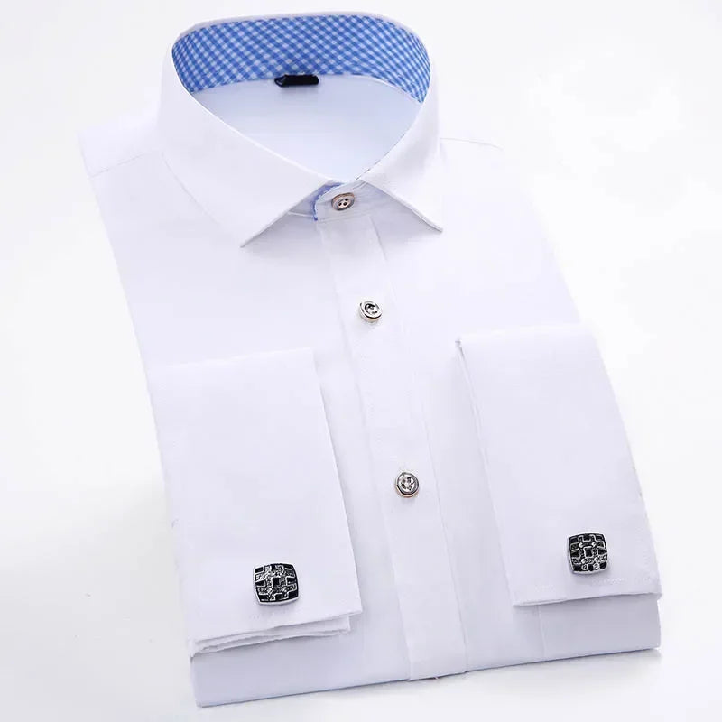 Qualidade frança abotoaduras homens vestido camisas botão turndown colarinho respirável fino ajuste festa de casamento smoking camisas hombre