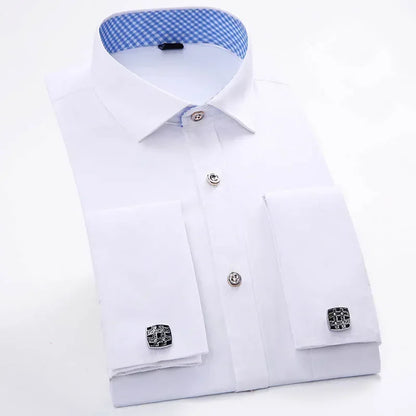 Qualidade frança abotoaduras homens vestido camisas botão turndown colarinho respirável fino ajuste festa de casamento smoking camisas hombre