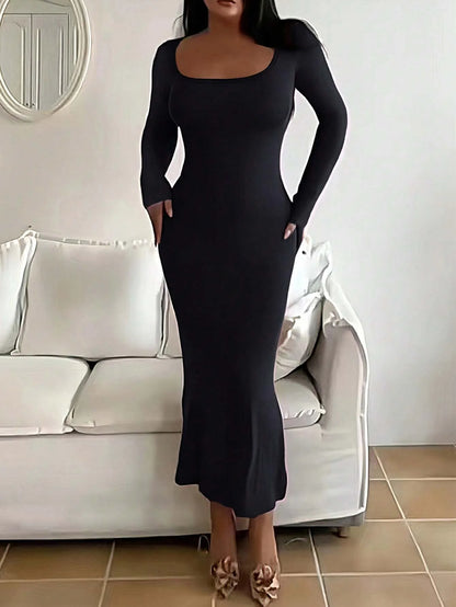 Vestido longo feminino liso de manga comprida, modelo bodycon, elegante, básico, minimalista e casual, com decote redondo.