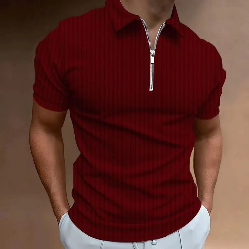 Men striped golf shirt with quarter zipper lapel casual holiday short sleeved T-shirt fashionable basic style regular fit shirt