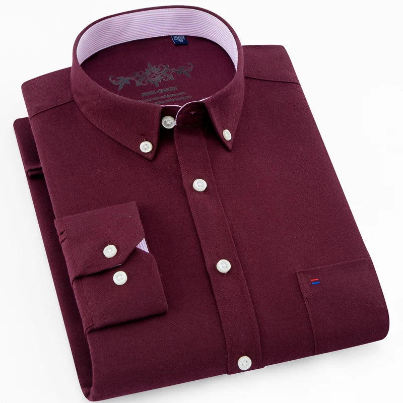 Camisa masculina de manga comprida oxford com botão no peito esquerdo confortável outono inverno ajuste regular casual versátil moda
