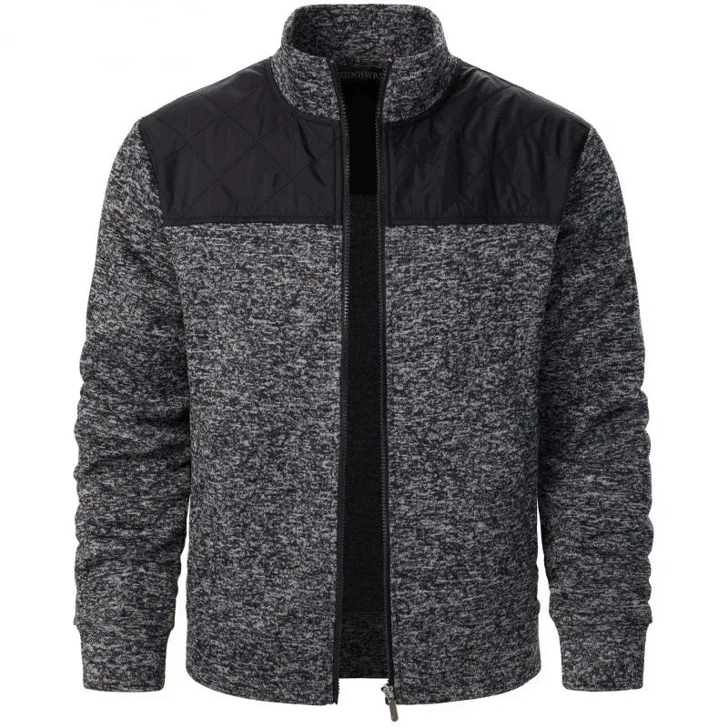 Jaqueta masculina patchwork com gola alta, corte slim, estilo cardigã, streetwear, esportiva, casual, com zíper, ideal para atividades ao ar livre.
