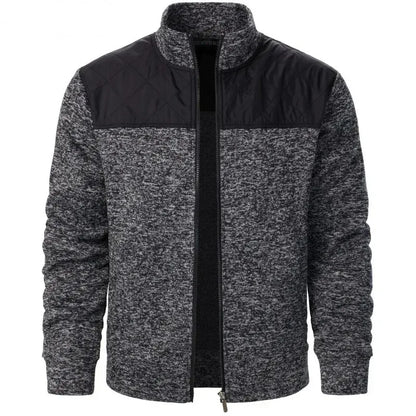 Jaqueta masculina patchwork com gola alta, corte slim, estilo cardigã, streetwear, esportiva, casual, com zíper, ideal para atividades ao ar livre.