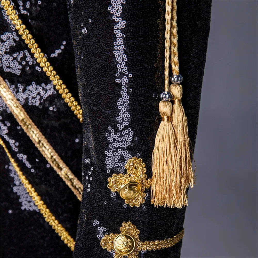Uniforme masculino de lantejoulas MJ Dance Wear Glitter Preto Branco Vintage Michael Jackson Jaqueta de palco com borla