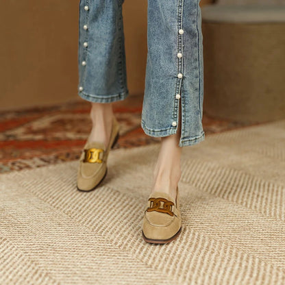 Sapatos femininos retrô com fivela de metal, estilo francês e britânico, elegantes, com bico quadrado, salto grosso, para festas, escritório, casuais.