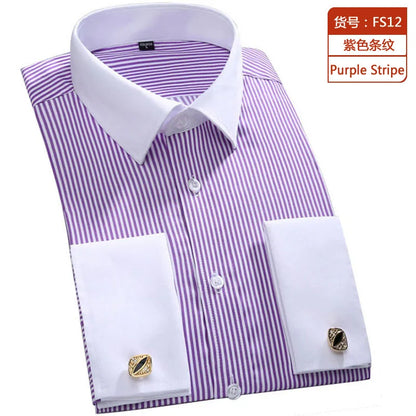 Camisa masculina clássica com punhos franceses, camisa social formal de negócios, ajuste padrão, manga longa, festa de casamento, escritório, trabalho, camisas brancas
