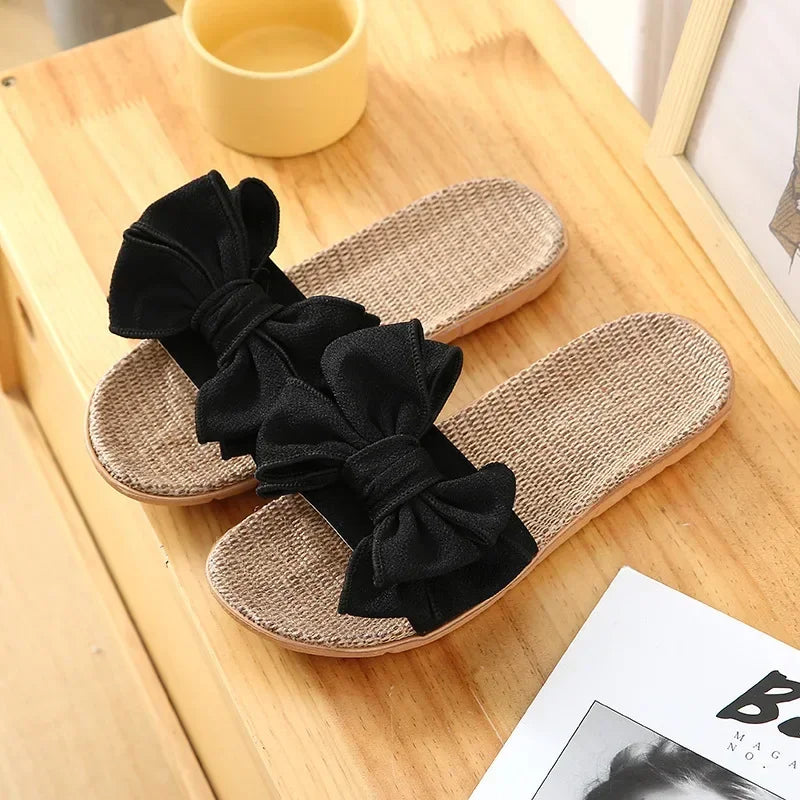 Chinelo feminino casual de verão, confortável, em linho listrado com laço, sandália plataforma, ideal para uso interno.