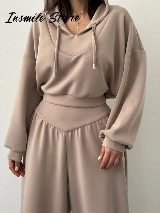 Casual sólido com capuz recortado moletom calça conjunto feminino solto com capuz cintura alta calças de perna larga 2026 primavera senhora chique outfit novo