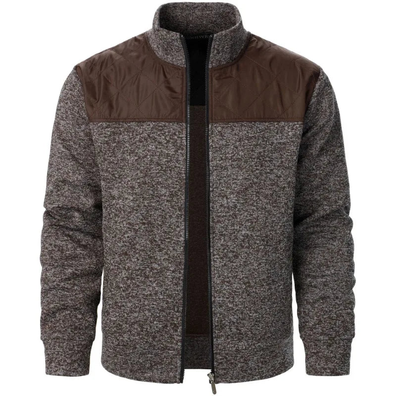 Jaqueta masculina patchwork com gola alta, corte slim, estilo cardigã, streetwear, esportiva, casual, com zíper, ideal para atividades ao ar livre.