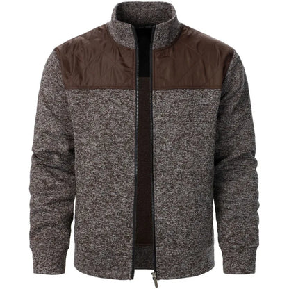 Jaqueta masculina patchwork com gola alta, corte slim, estilo cardigã, streetwear, esportiva, casual, com zíper, ideal para atividades ao ar livre.