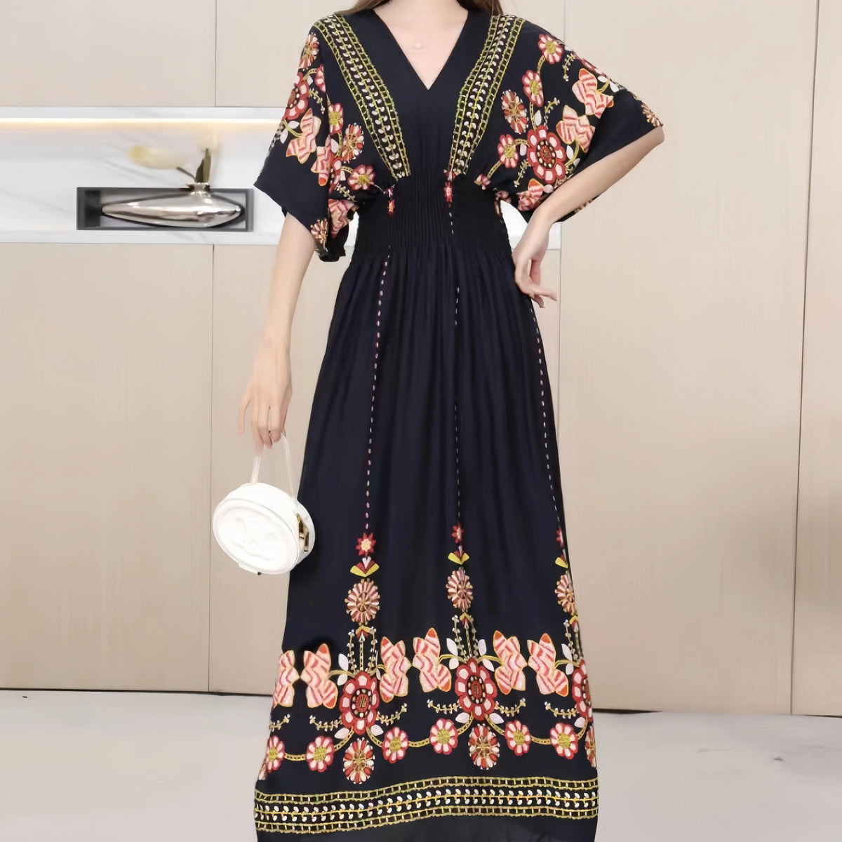 Flor colorida com decote em v elástico jovem boêmio doce midi vestido mulher roupas chique moda vestidos de verão 2025 grande balanço esqui