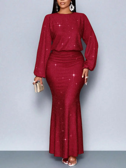 Vestido de Noite Elegante para Mulheres, Decote Redondo, Manga Longa, Saia em Cauda de Peixe Plissada, Vestido Sexy Longo e Slim para Primavera e Verão