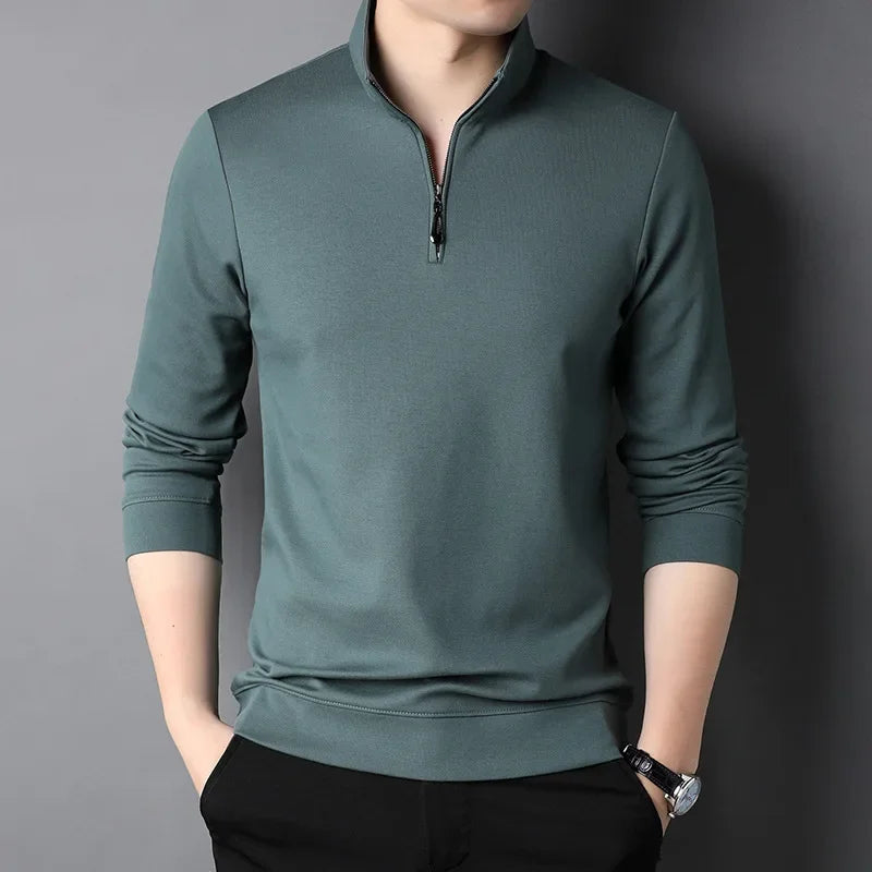 primavera e outono pulôver masculino gola zíper sólido manga longa camiseta alta pescoço polo inferior moda casual topos