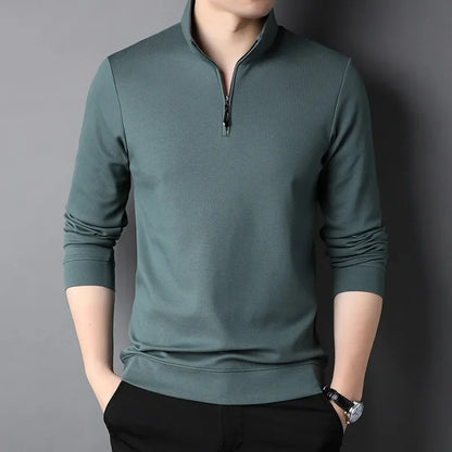 2023 primavera e outono pulôver masculino gola zíper sólido manga longa camiseta alta pescoço polo inferior moda casual topos