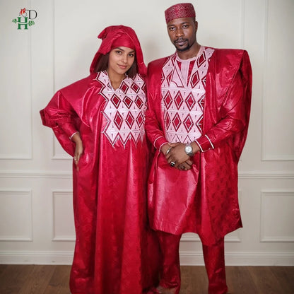 Roupas Africanas H&D para Homens, Conjuntos Tradicionais Agbada 3 Peças, Bordado Bazin Riche, Trajes de Casamento para Casais, Trajes Femininos Boubo