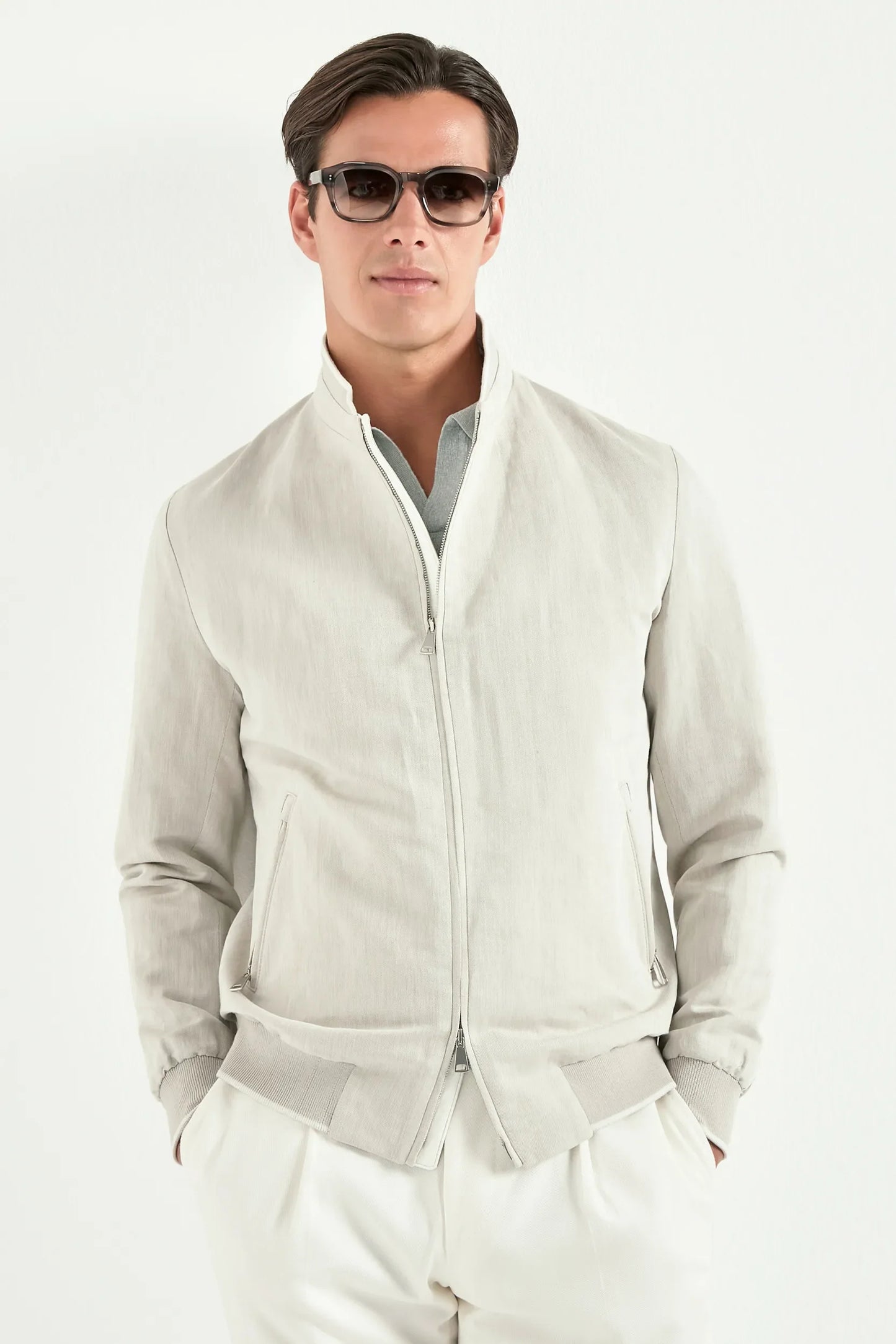 Sand linen and cotton bomber - Made in Italy