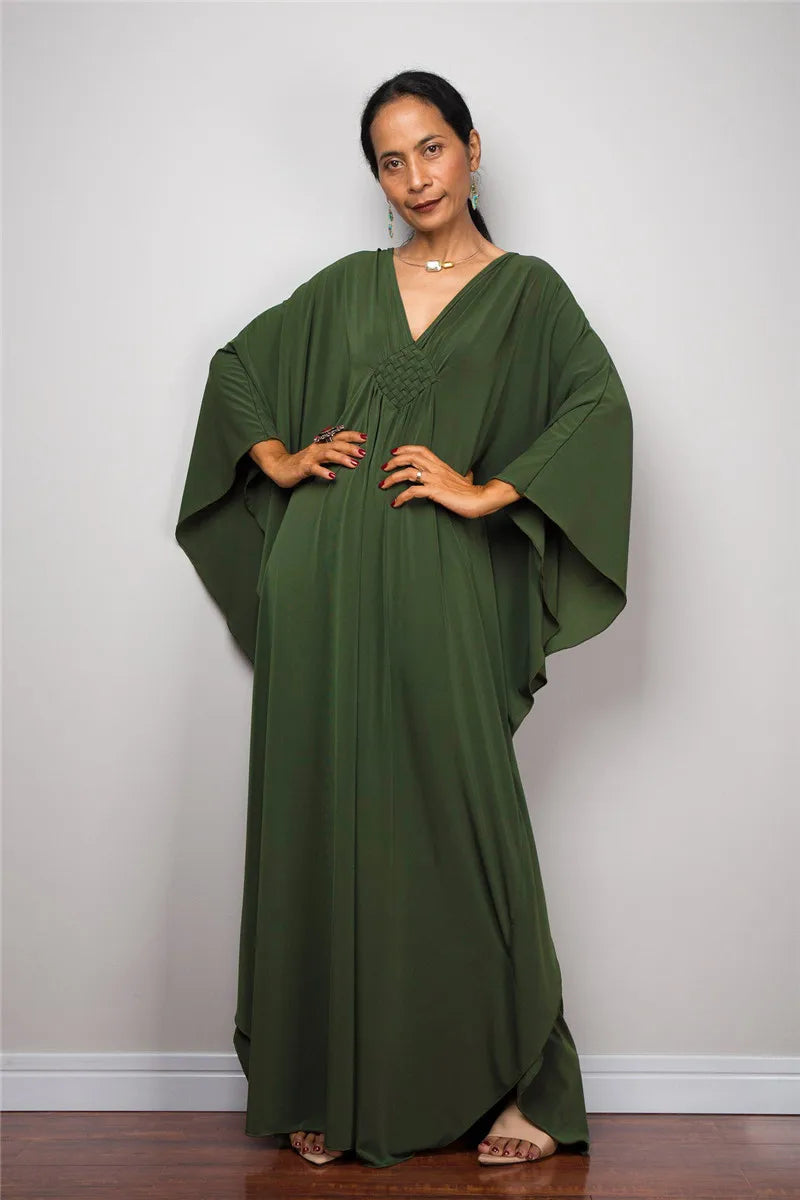Vestidos Kaftan de Praia Plus Size para Mulheres, com Decote em V e Manga Morcego, em Cores Sólidas, Roupas de Lazer