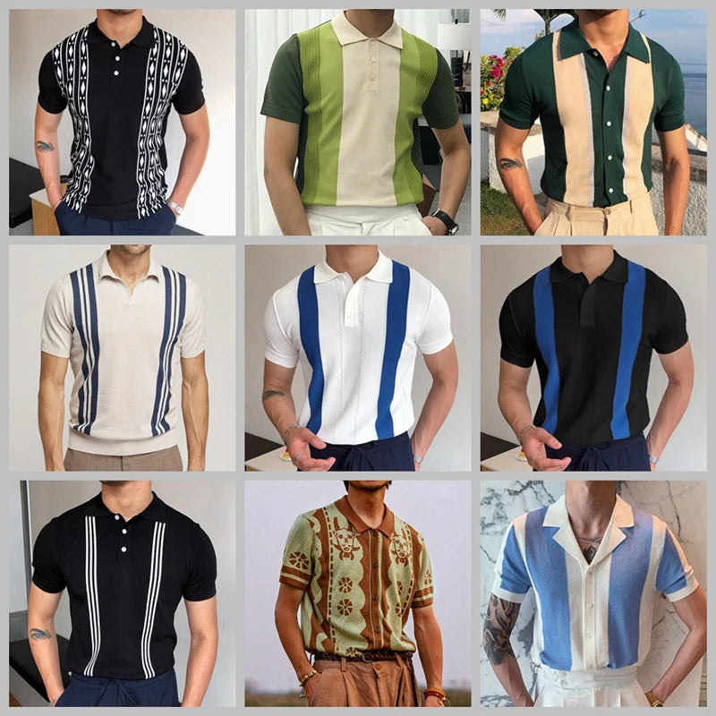 Novo verão camiseta masculina 2024 manga curta lapela listra impressão botão listra camisa polo moda pulôver topos