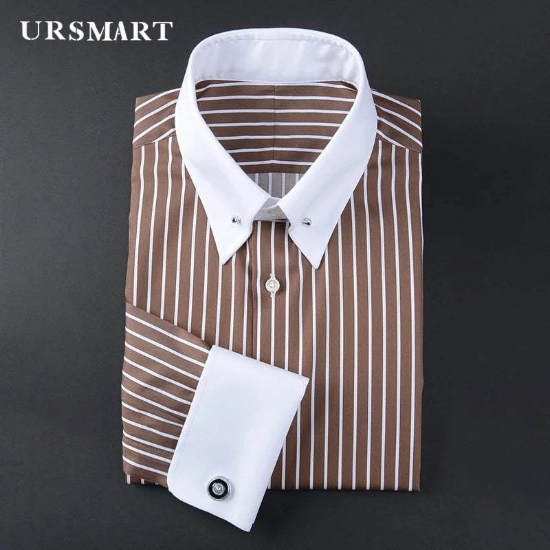 Camisa francesa justa-fit listrada masculina, gola império, manga longa, tendência de negócios