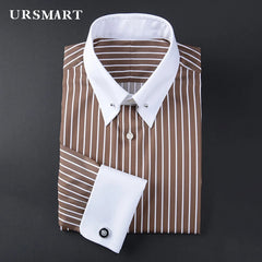 Camisa francesa justa-fit listrada masculina, gola império, manga longa, tendência de negócios