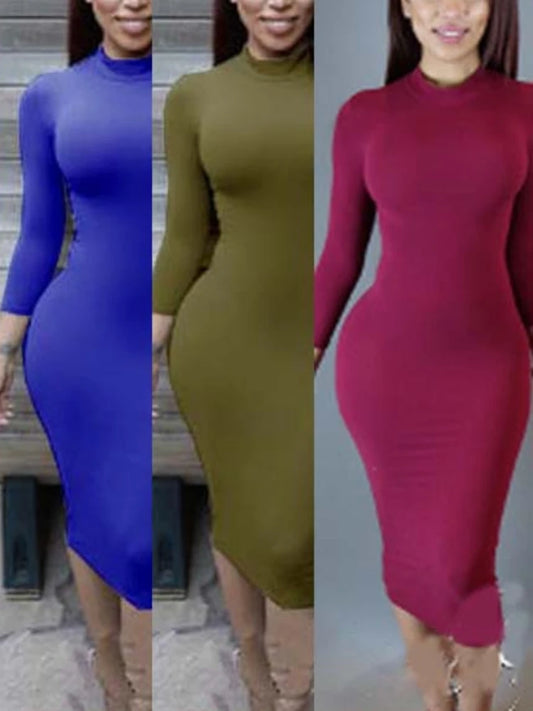 Vestido justo e elástico de cor sólida, sexy, feminino, com mangas compridas, cintura marcada, elegante para festas e baladas.