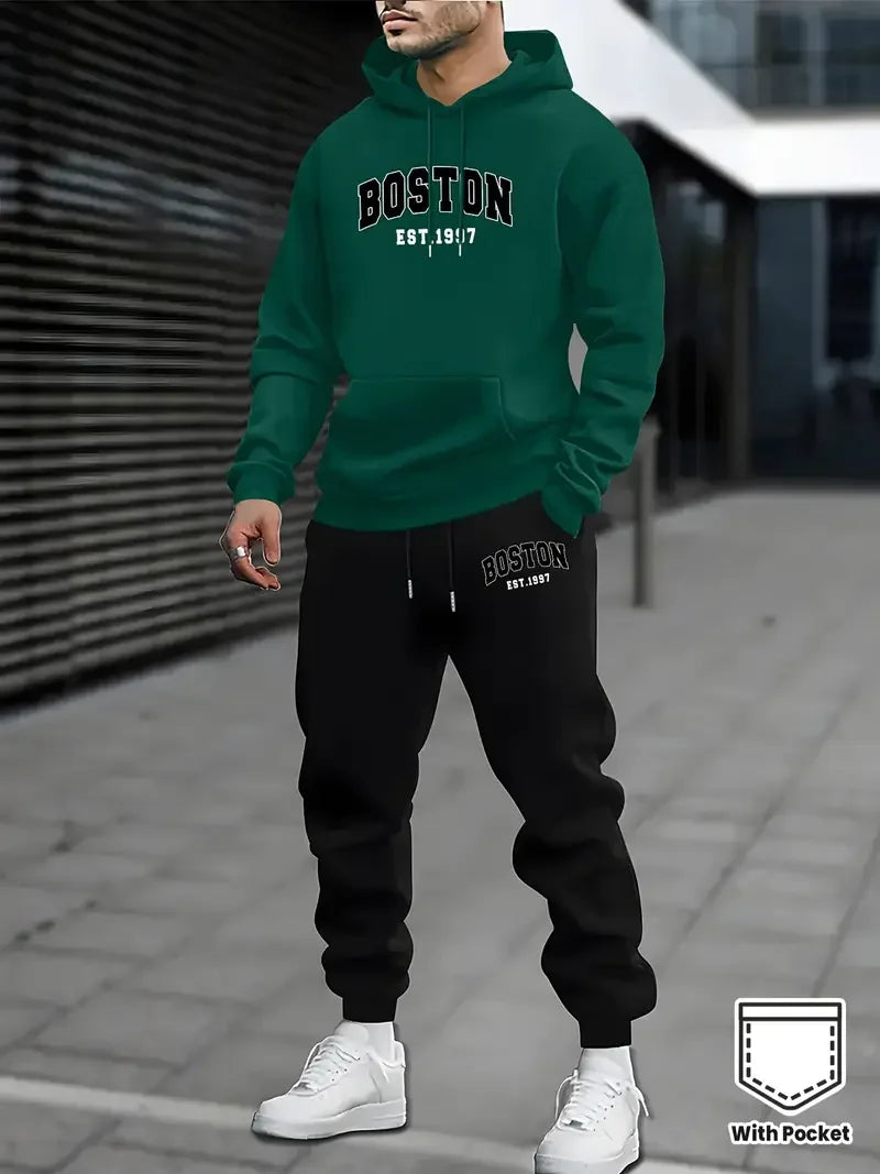 Men's Velvet Thickened Sports Set New York Letter Printed Spring and Autumn Hoodie Set Long Sleeve Casual Comfortable Pocket Hoo