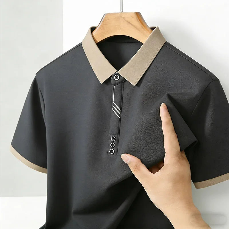 Camisa Polo Masculina de Moda com Gola Contrastante, Manga Curta, Ajuste Slim, Casual para Uso Diário, Top 2026