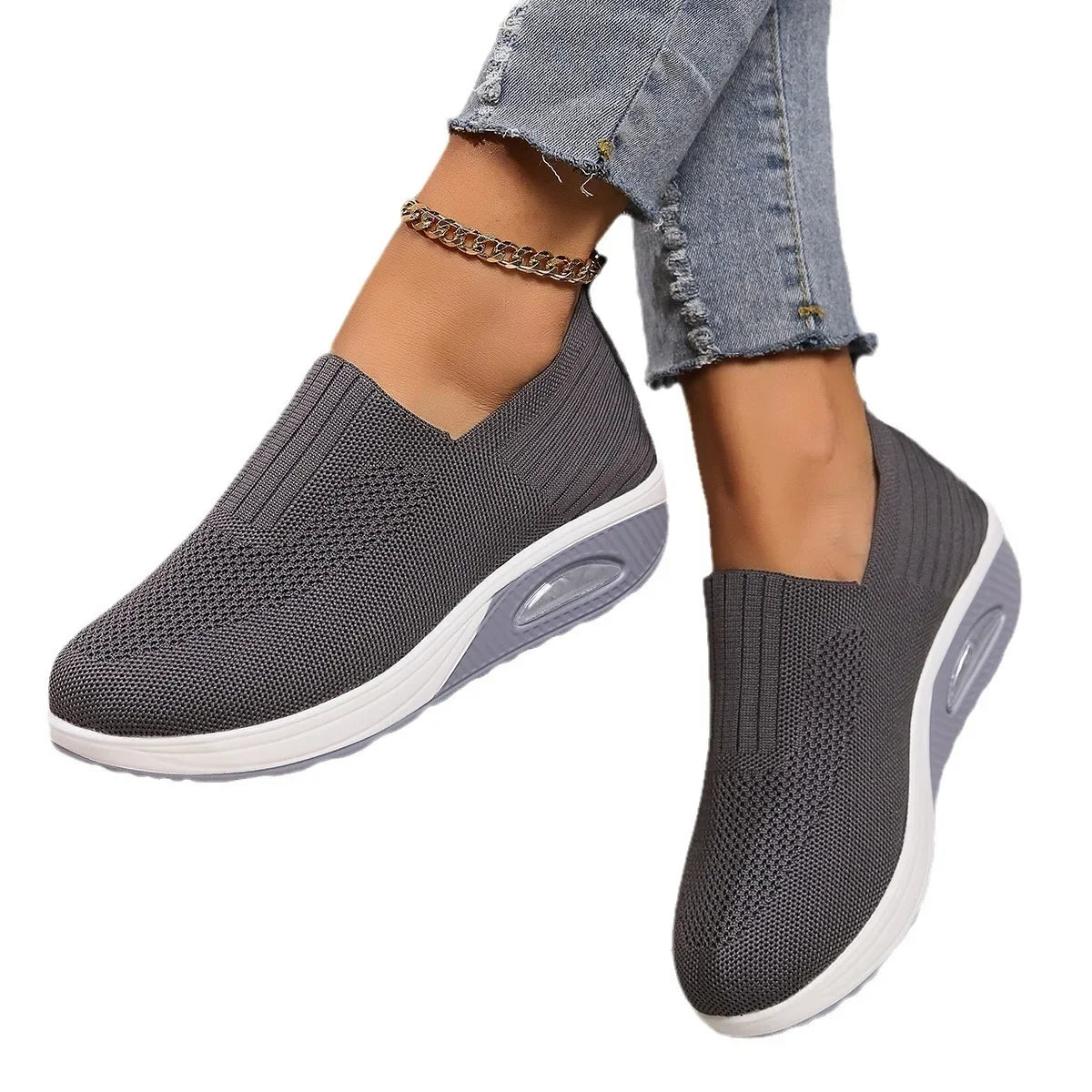Tênis feminino de caminhada com amortecimento de ar, antiderrapante, ortopédico, modelo mule, respirável e com salto anabela.