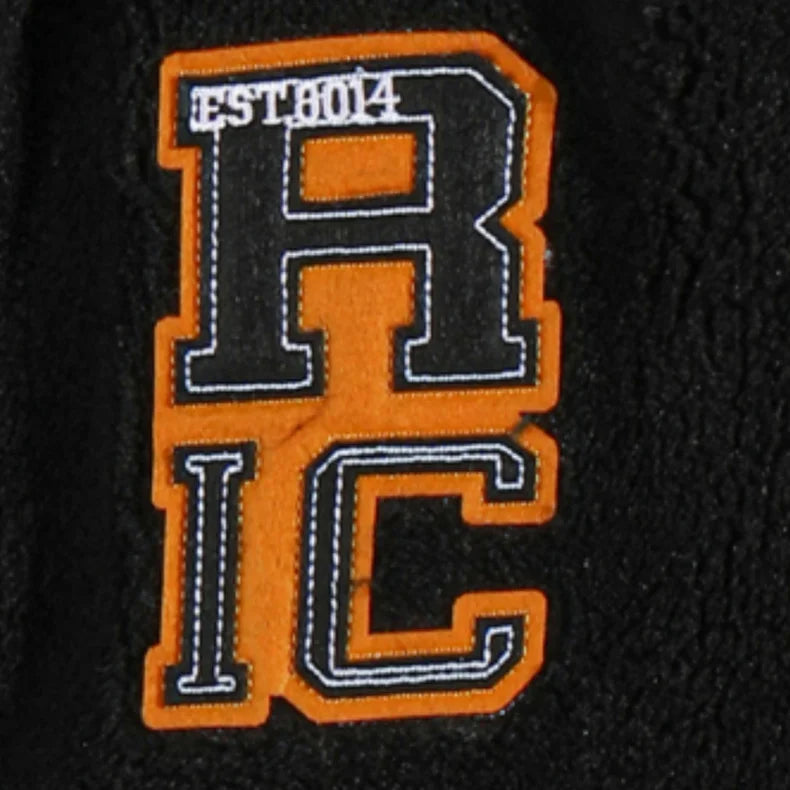 Jaqueta Varsity Masculina Preta e Branca com Patch de Letras, Zíper, Solta, de Inverno, em Fleece.