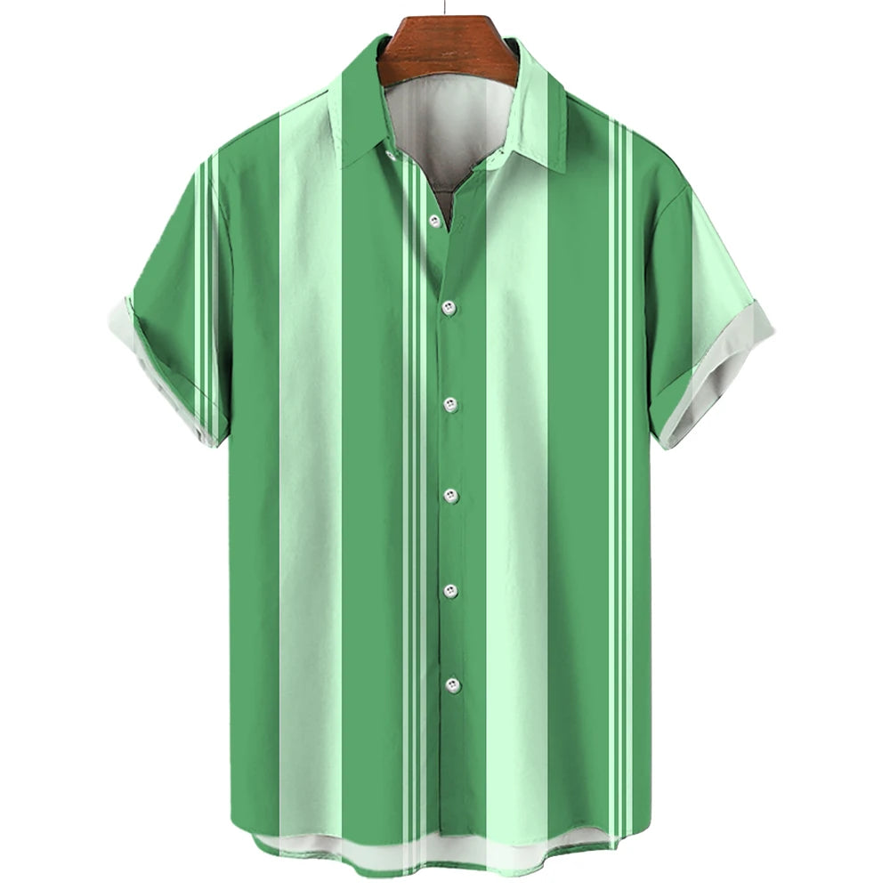 Camiseta listrada de manga curta com botão havaiano masculina, blusa xadrez, roupa de praia vermelha, camisa preta e branca, roupas masculinas, verão