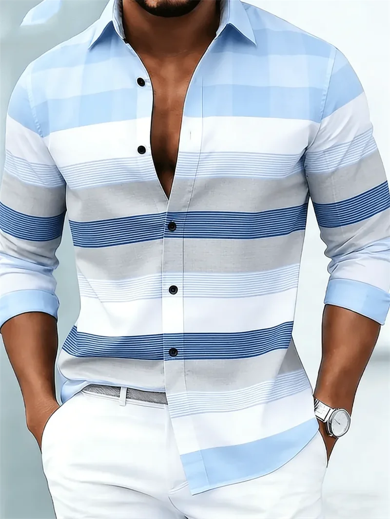 Nova camisa masculina de manga comprida, casual, com estampa 3D listrada, de alta qualidade, com fechamento de botão único.