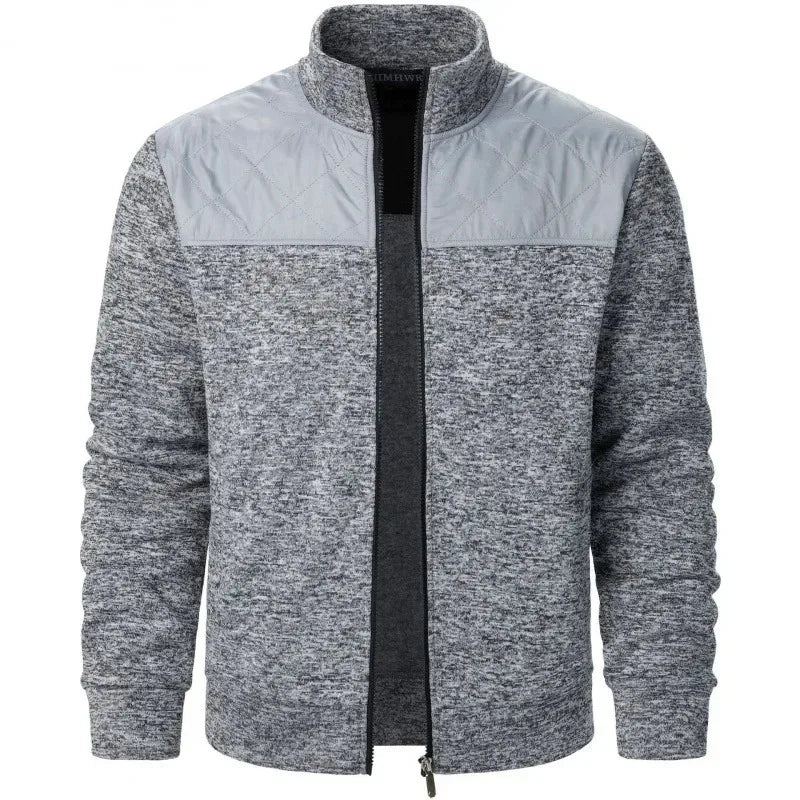 Jaqueta masculina patchwork com gola alta, corte slim, estilo cardigã, streetwear, esportiva, casual, com zíper, ideal para atividades ao ar livre.