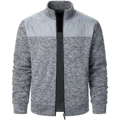 Jaqueta masculina patchwork com gola alta, corte slim, estilo cardigã, streetwear, esportiva, casual, com zíper, ideal para atividades ao ar livre.
