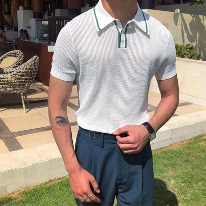 Camisa polo de manga curta de malha masculina, blusa casual de negócios, polo Slim Fit, primavera verão, camiseta listrada moda, camiseta com gola polo, malhas