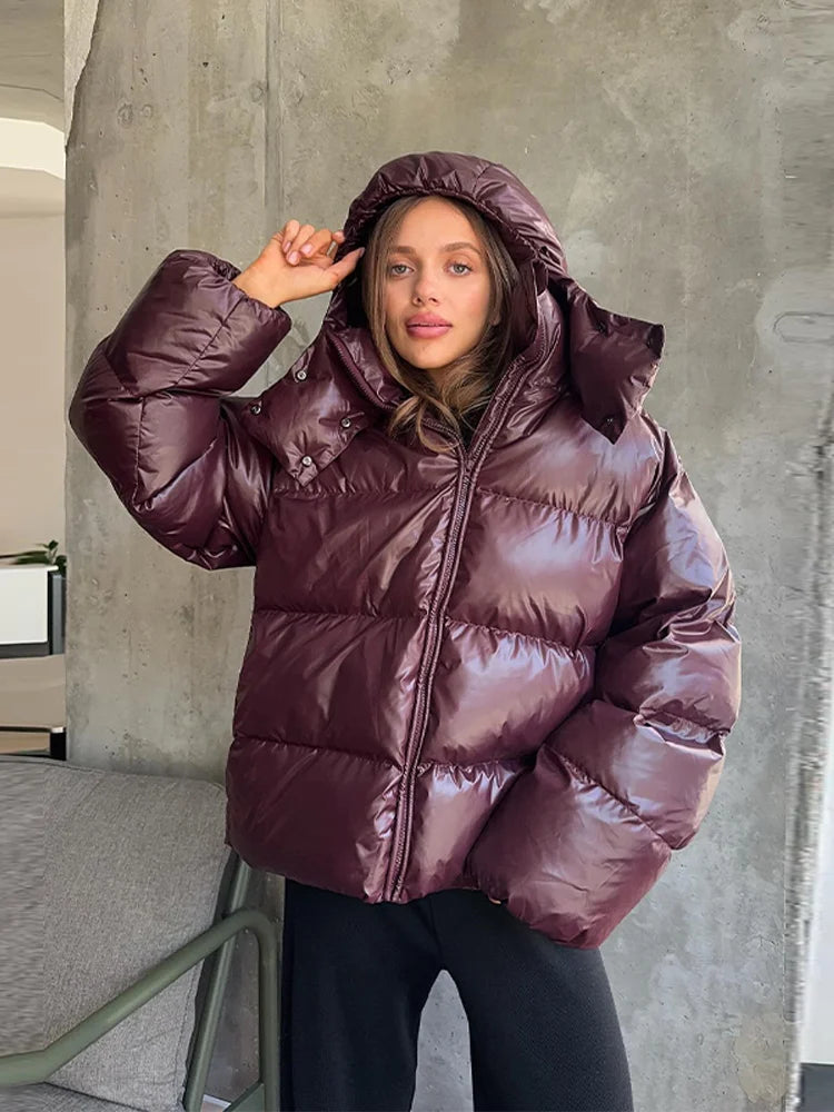 Moda com capuz recortado jaqueta acolchoada para mulheres casual sólido zíper bolso casaco de grandes dimensões senhora 2025 inverno rua quente outerwear